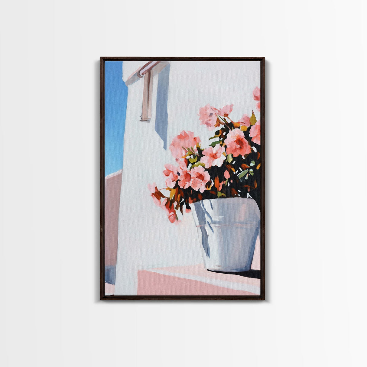 Mediterranean, Flower Pot, Canvas Print, Modern Minimalist Painting, Bright Floral Wall Decor, White and Pink Art, Kitchen Wall Art