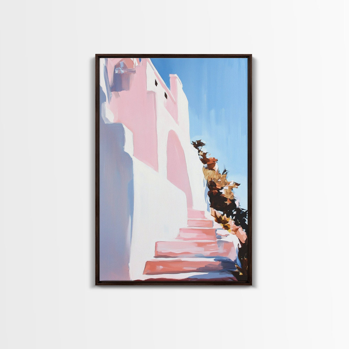 Mediterranean Steps, Coastal Wall Art, Santorini Print, Blue and Pink Decor, Travel Painting, Framed Canvas Print, Living Room Art