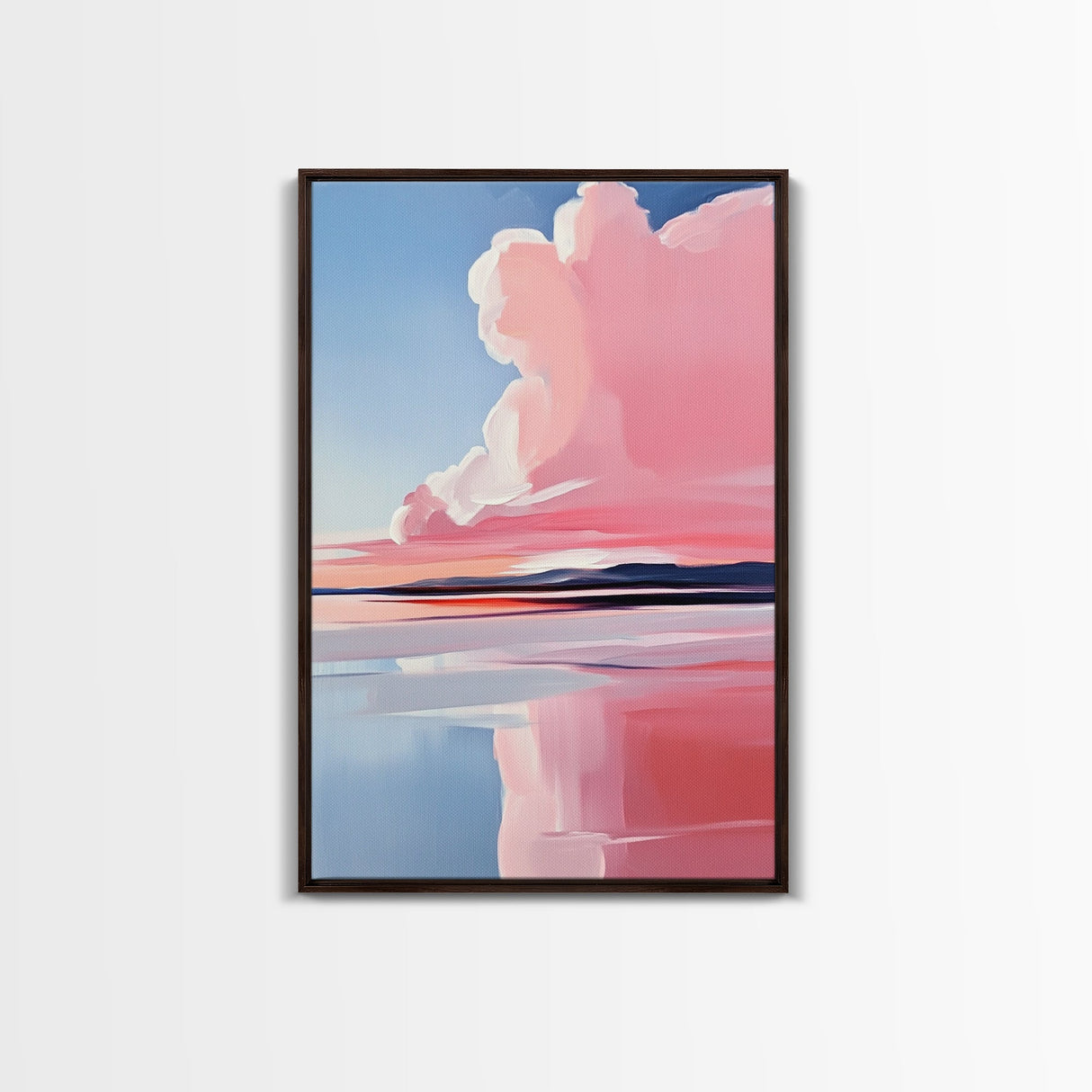 Lakeside Reflection, Calm Water Art, Serene Landscape, Pink and Blue Painting, Boho Minimalist Decor, Framed Canvas Print, Gift Idea