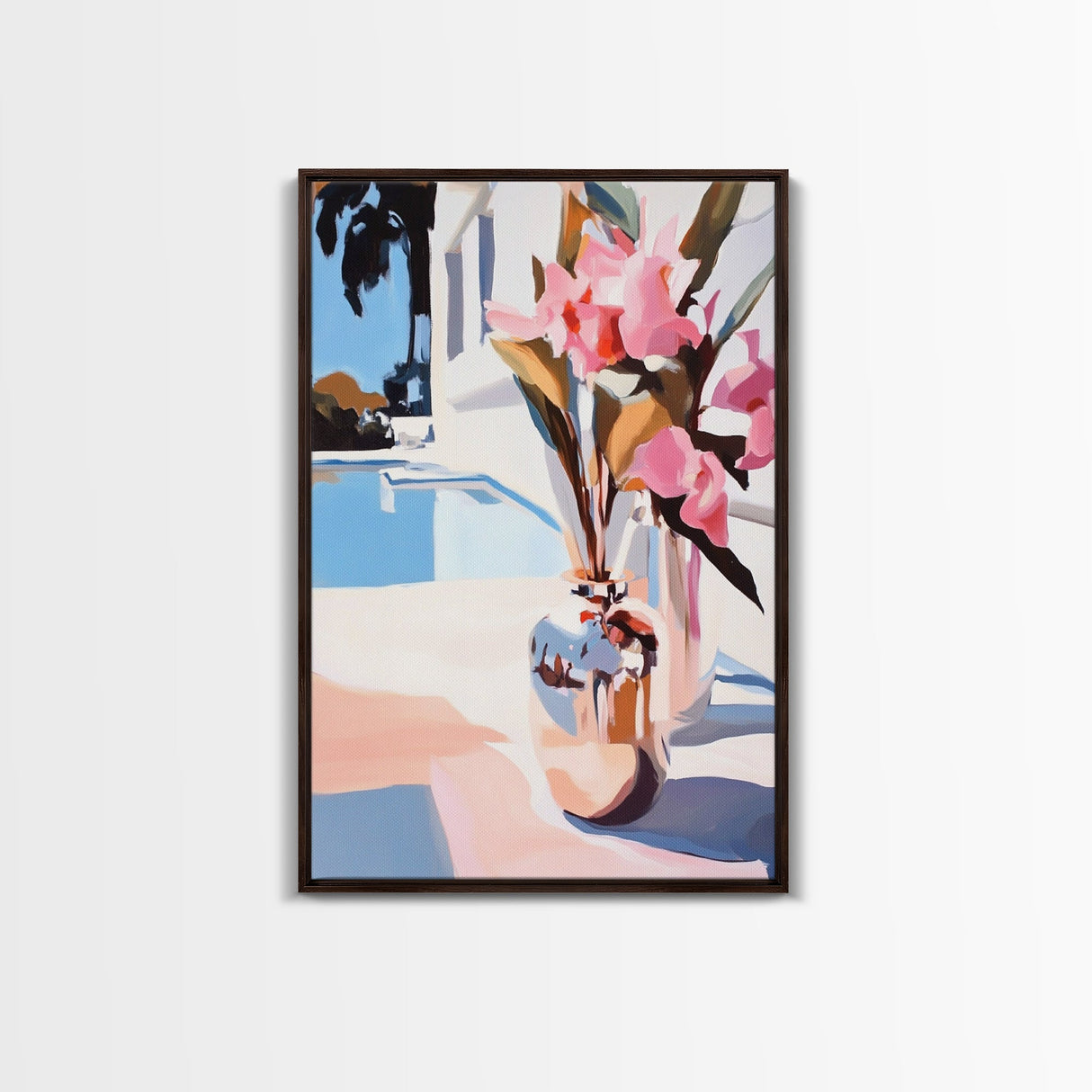 Poolside Flowers, Elegant Floral Painting, Sunlit Summer Decor, Mediterranean Art Style, Framed Canvas Print, Dining Room Wall Art