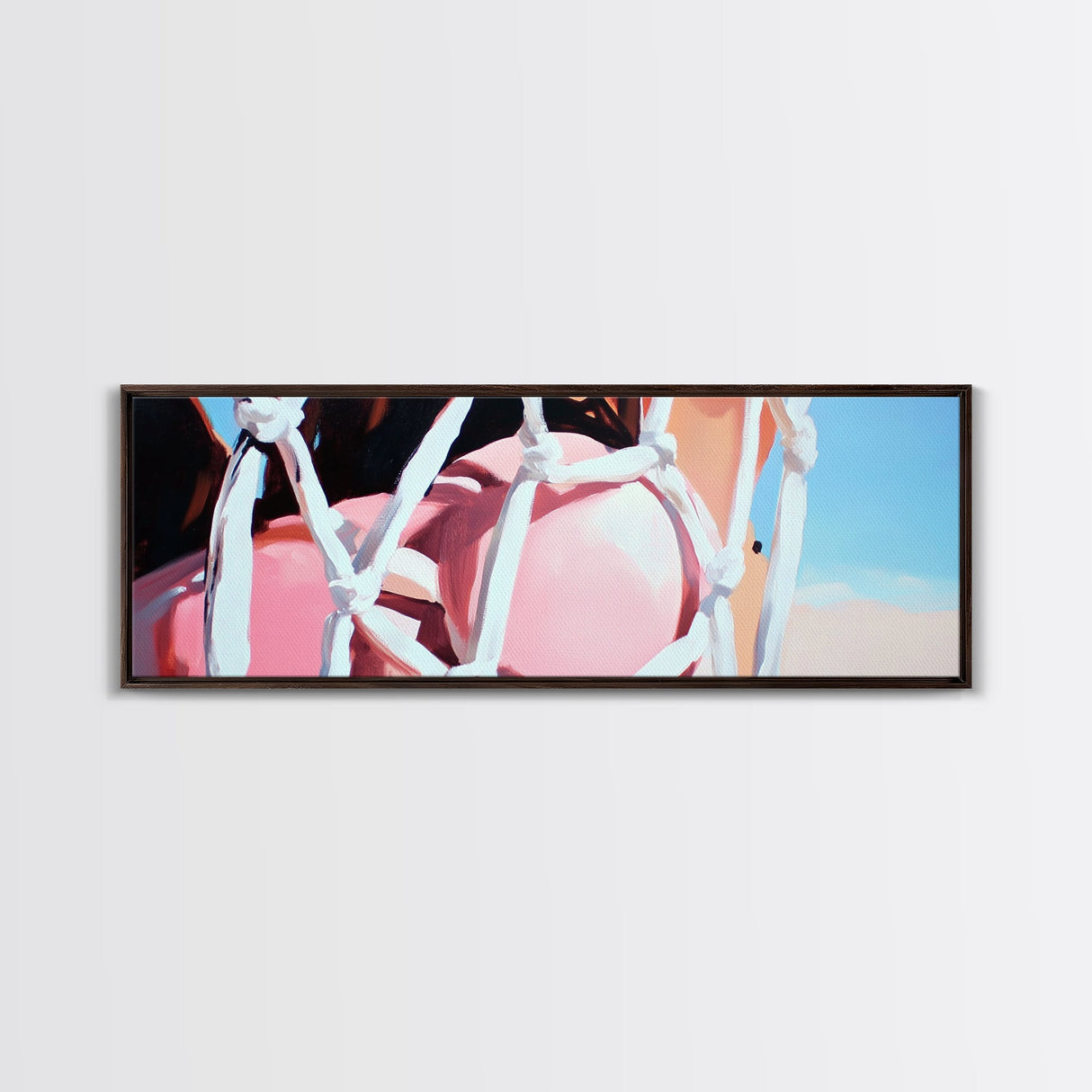 Rope Swing, Woman in Pink, Sunlit Sky, Framed Canvas Print, Summer Wall Art, Minimalist Decor, Feminine Aesthetic, Boho Art