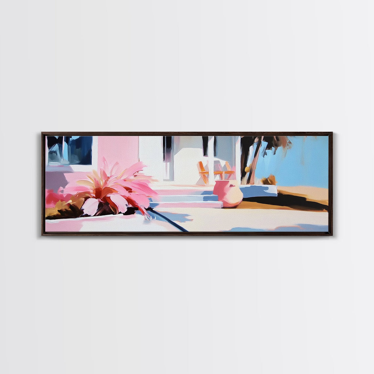 Pink House, Tropical Porch, Boho Architecture, Canvas Print, Living Room Wall Art, Sunlit Patio, Mediterranean Decor, Modern Art