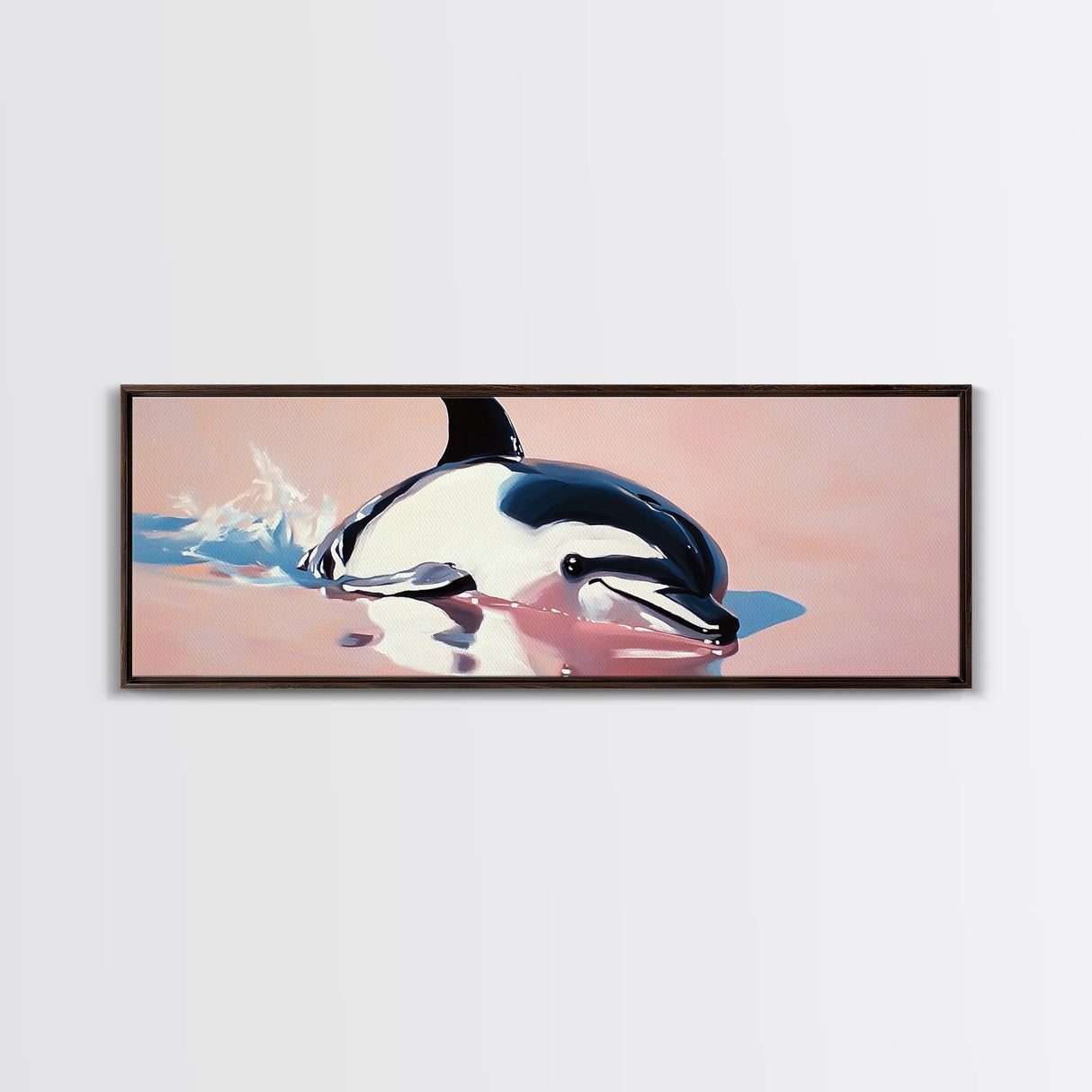 Playful Dolphin, Ocean Waves, Marine Life, Framed Canvas Print, Nautical Wall Art, Beach House Decor, Living Room Coastal Art