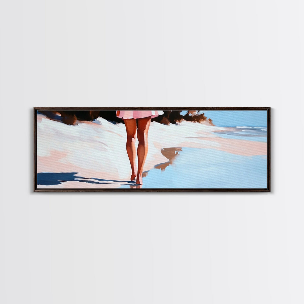 Romantic Reflection, Sand and Sea, Dreamy Pastels, Framed Canvas Print, Coastal Art, Beach House Decor, Serene Aesthetic Painting