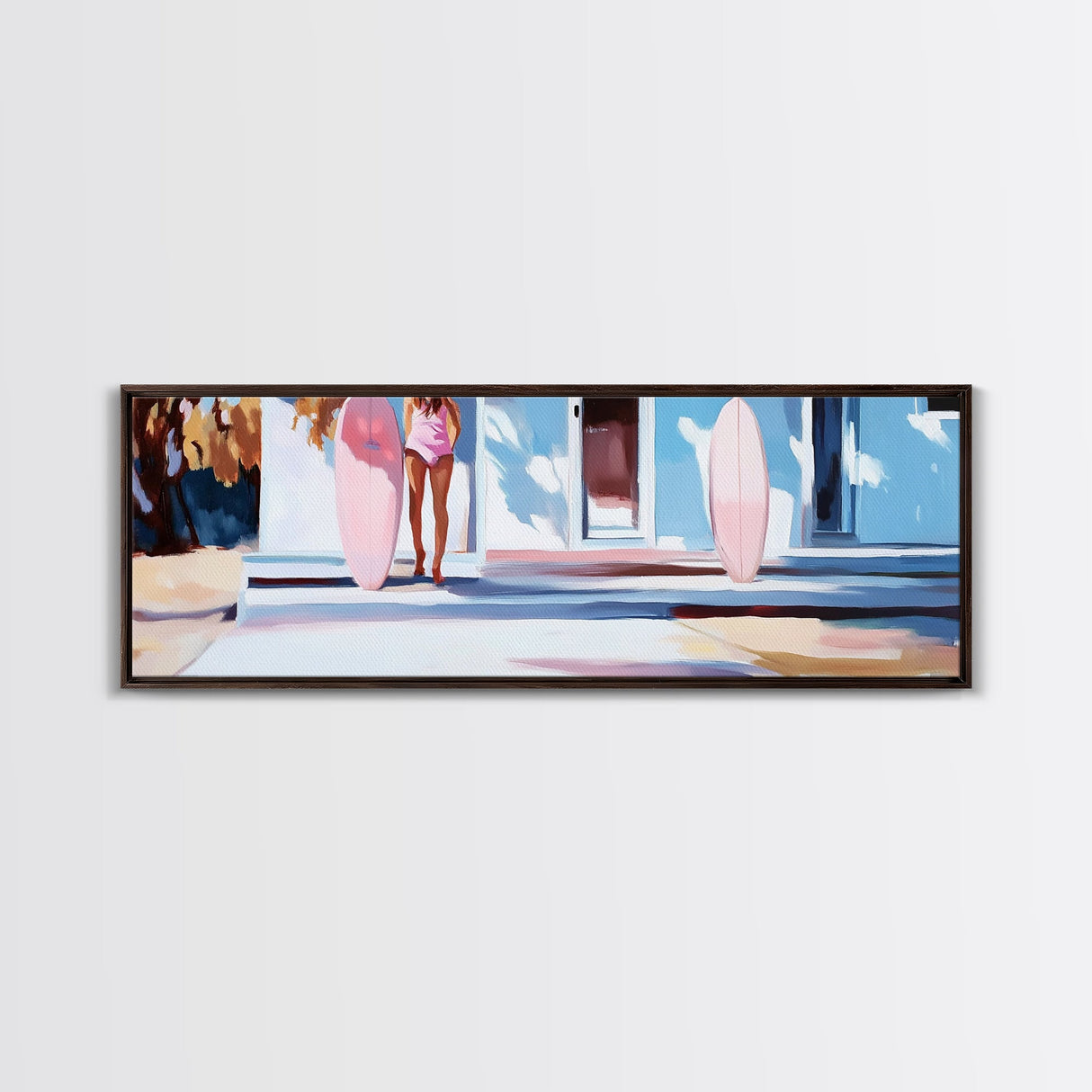 Surfer Girl, Pink Surfboard, Coastal Lifestyle, Beach House, Framed Canvas Print, Tropical Wall Art, Boho Home Decor, Gift Idea