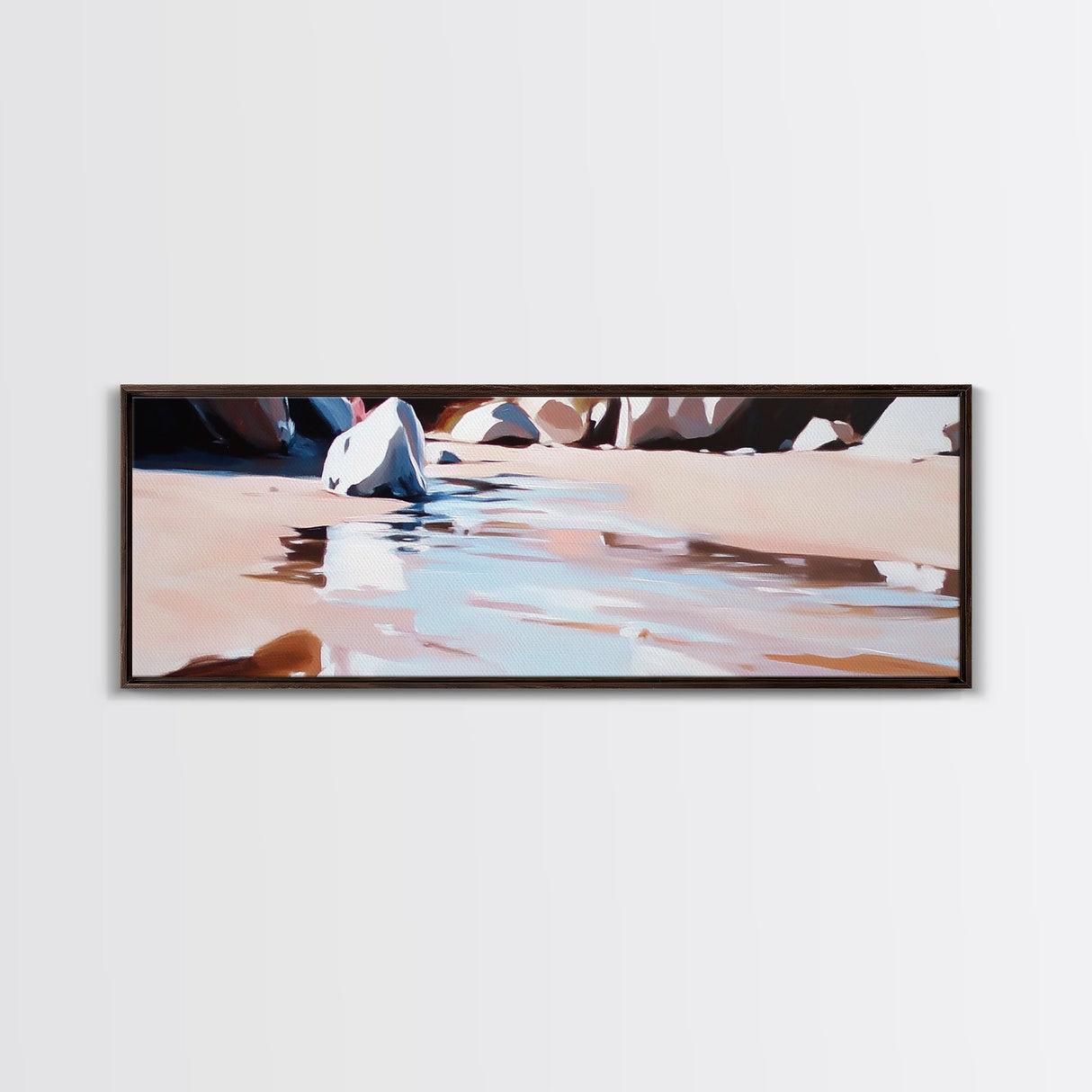 River Rocks, Water Reflection, Nature Landscape, Framed Canvas Print, Earthy Wall Art, Minimalist Zen Painting, Calming Home Decor