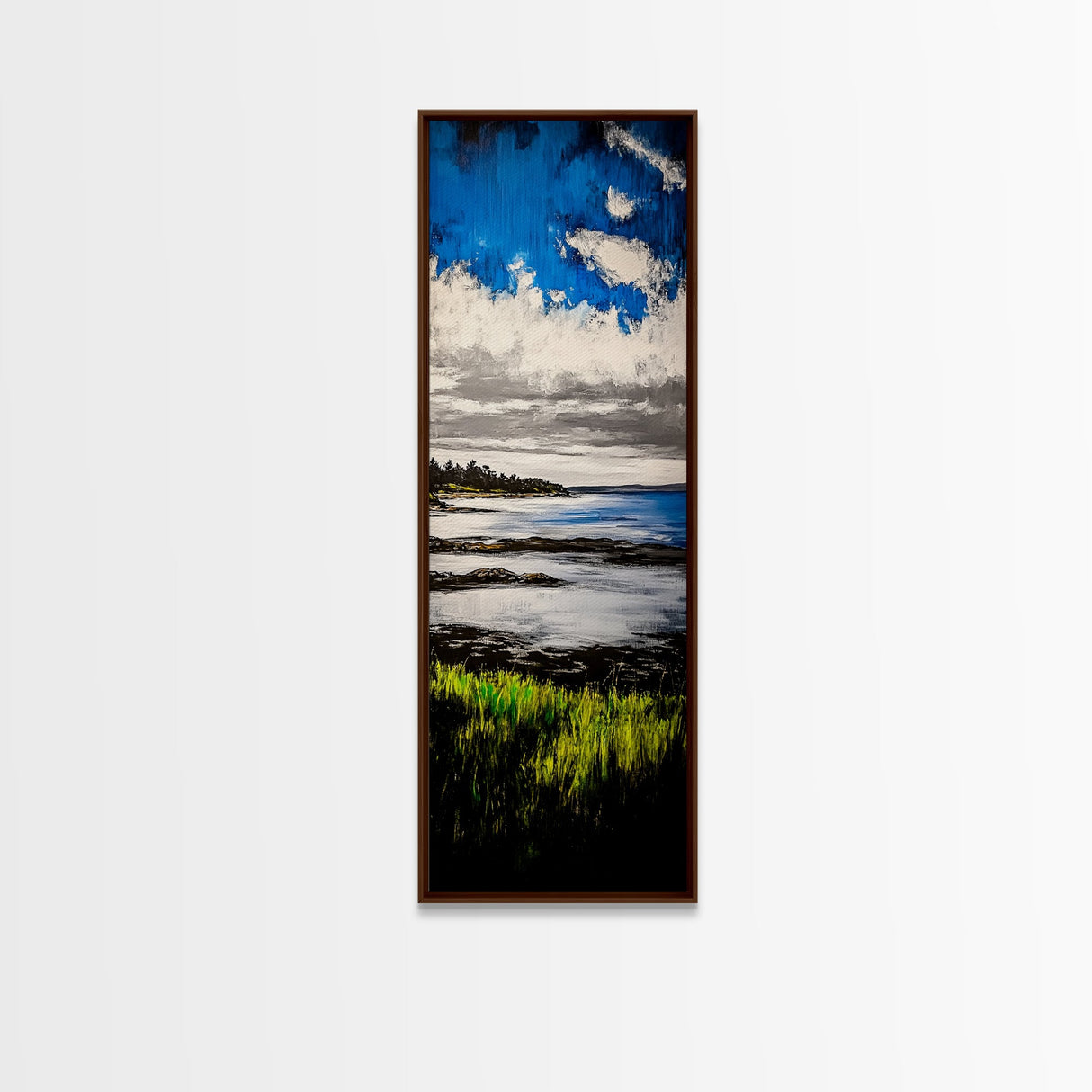 Tranquil Shore, Vibrant Blue Water, Serene Ocean View, Modern Coastal Decor, Beach House Aesthetic, Framed Canvas Print