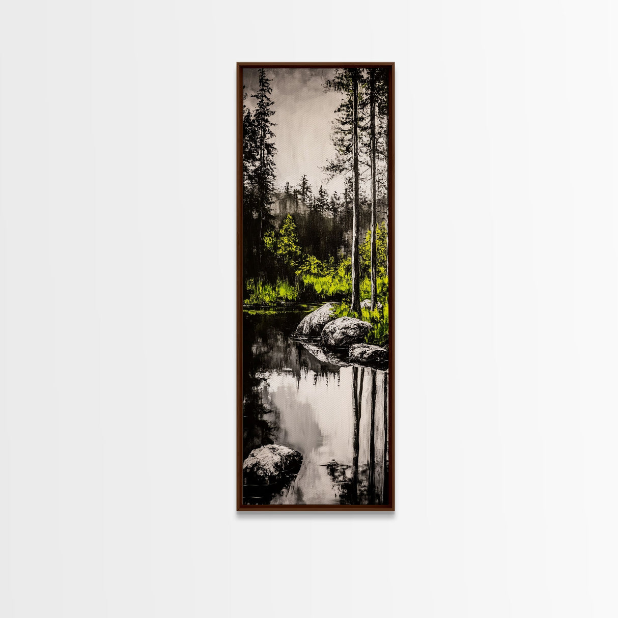 Tranquil River, Black White Nature, Reflective Water Scene, Forest Wall Decor, Rustic Landscape, Living Room Art, Framed Canvas Print