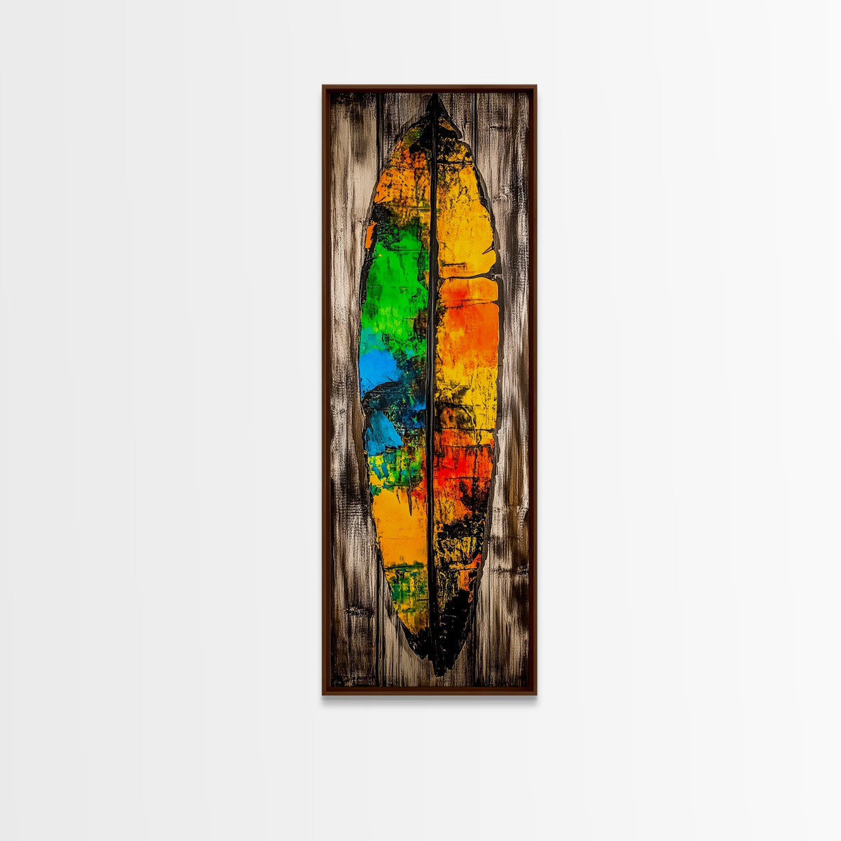 Rustic Surfboard, Abstract Art, Beach House Decor, Framed Canvas Print, Boho Wall Art, Coastal Living Room Artwork, Vibrant Painting