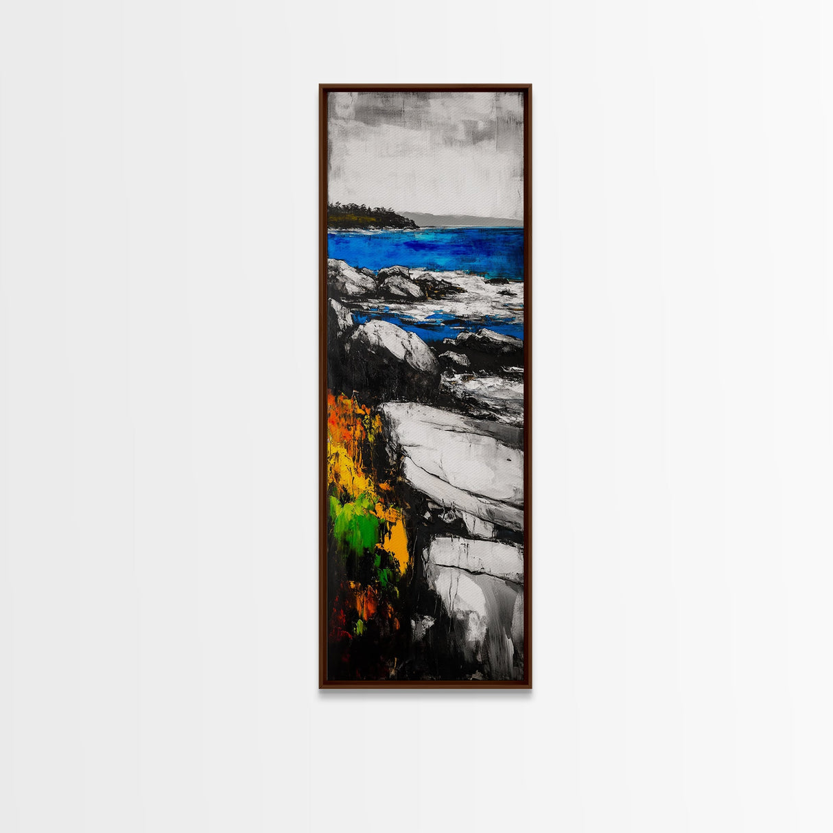 Rocky Coastline, Blue Waters, Seaside View, Framed Canvas Print, Nautical Art, Modern Beach Decor, Living Room Wall Art