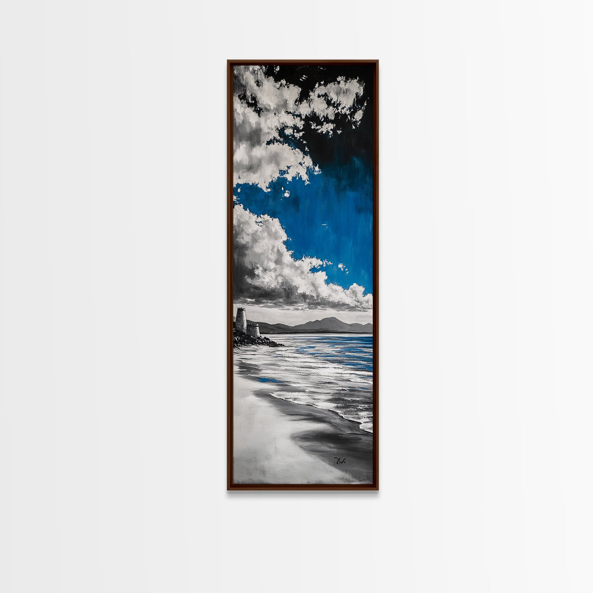 Castle Beach, Coastal Landscape, Blue Sky Painting, Framed Canvas Print, Nautical Decor, Living Room Art, Ocean Lover Gift