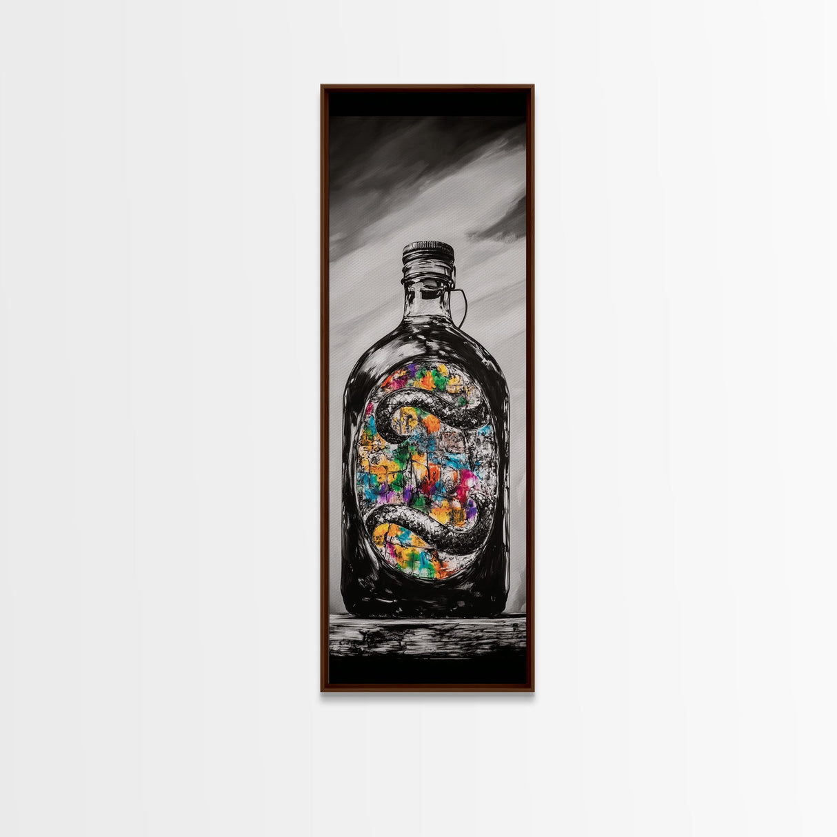Snake in Bottle, Surreal, Dark Art, Framed Canvas Print, Gothic Home Decor, Unique Gift, Mysterious Artwork, Living Room Wall Art