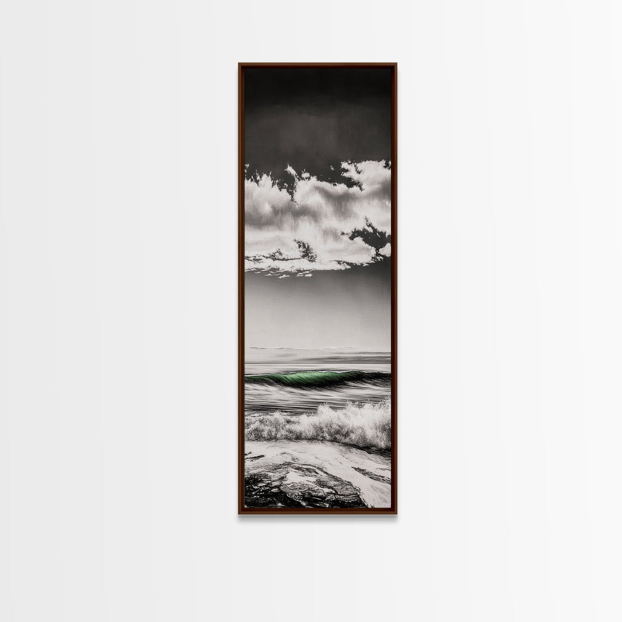 Coastal Waves, Black and White, Green Wave, Framed Canvas Print, Modern Beach Wall Art, Minimalist Ocean Decor, Living Room Art