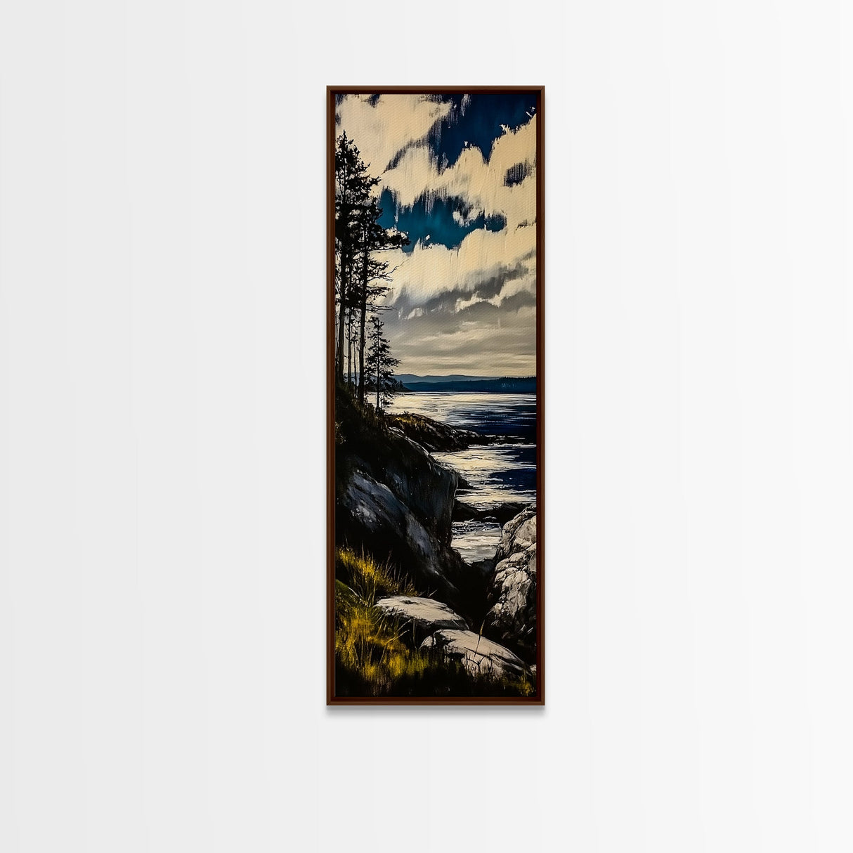 Cliffside View, Coastal Landscape, Nature Wall Art, Tranquil Seascape, Framed Canvas Print, Bedroom Wall Decor, Blue and Green Artwork