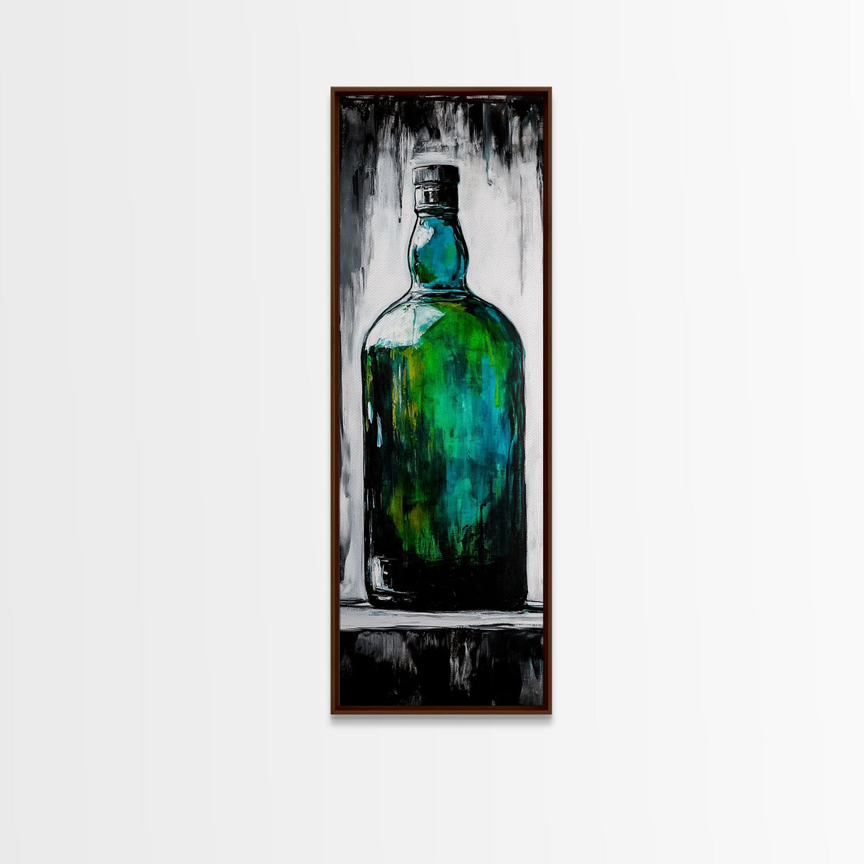 Green Glass Bottle, Modern Still Life, Minimalist Art, Contemporary Home Decor, Framed Canvas Print, Kitchen Wall Art, Vibrant Artwork