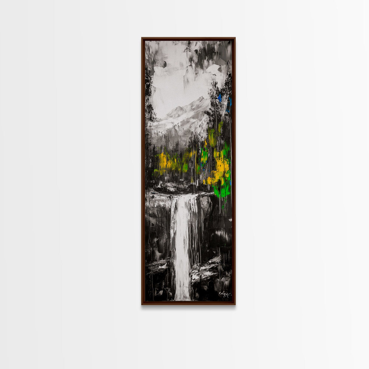 Waterfall Scene, Mountain Landscape, Abstract Nature Art, Canvas Print, Wilderness Wall Art, Green Yellow Decor, Adventure Home Decor