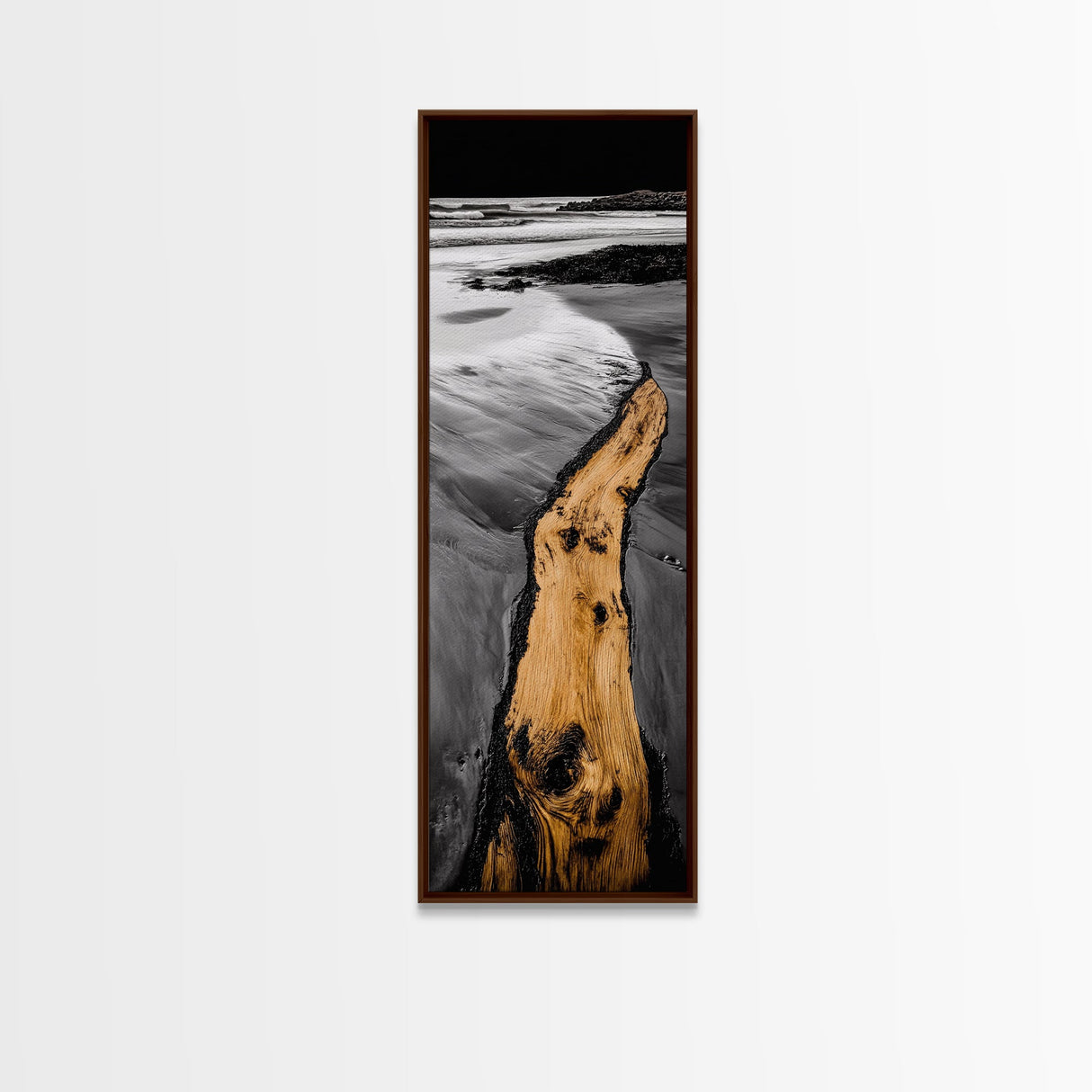 Driftwood Shore, Black and White Art, Coastal Landscape, Framed Canvas Print, Beach House Decor, Minimalist Artwork, Ocean View