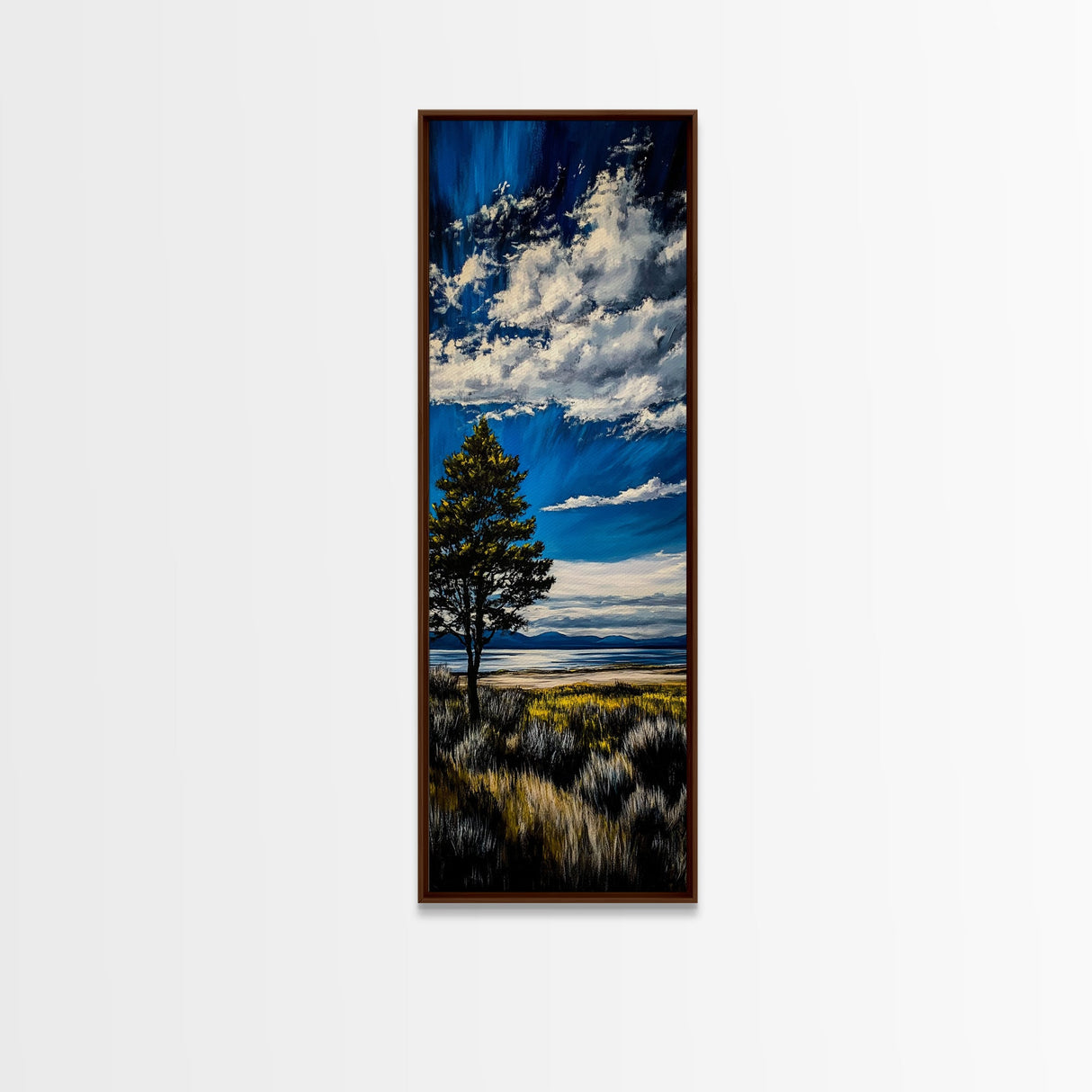 Serene Countryside Scene, Blue Sky Landscape, Peaceful Nature Art, Framed Canvas Print, Minimalist Home Decor, Bedroom Wall Art