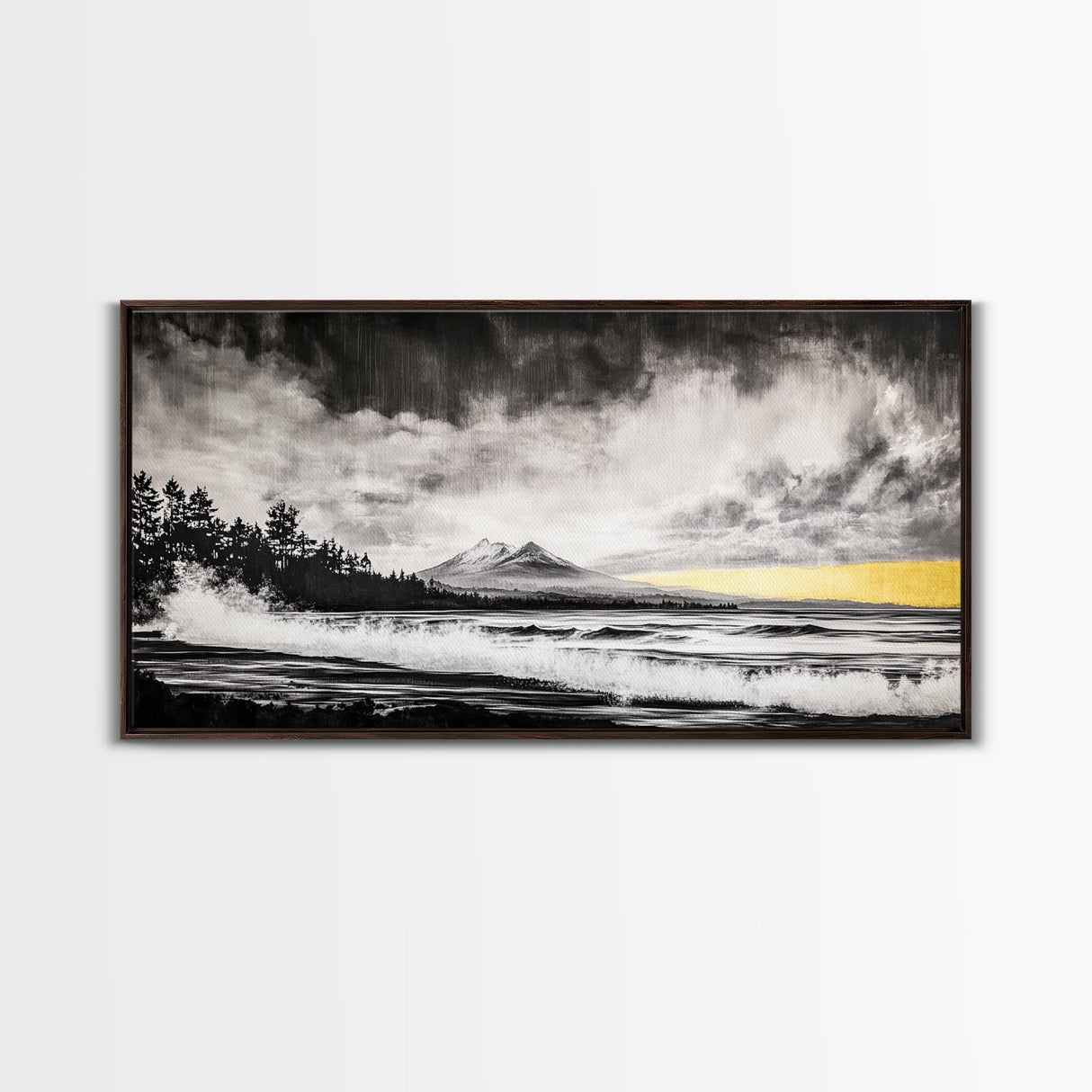 Stormy Ocean, Mountain View, Dramatic Landscape, Coastal Art, Black and White, Framed Canvas Print, Modern Wall Art, Office Decor