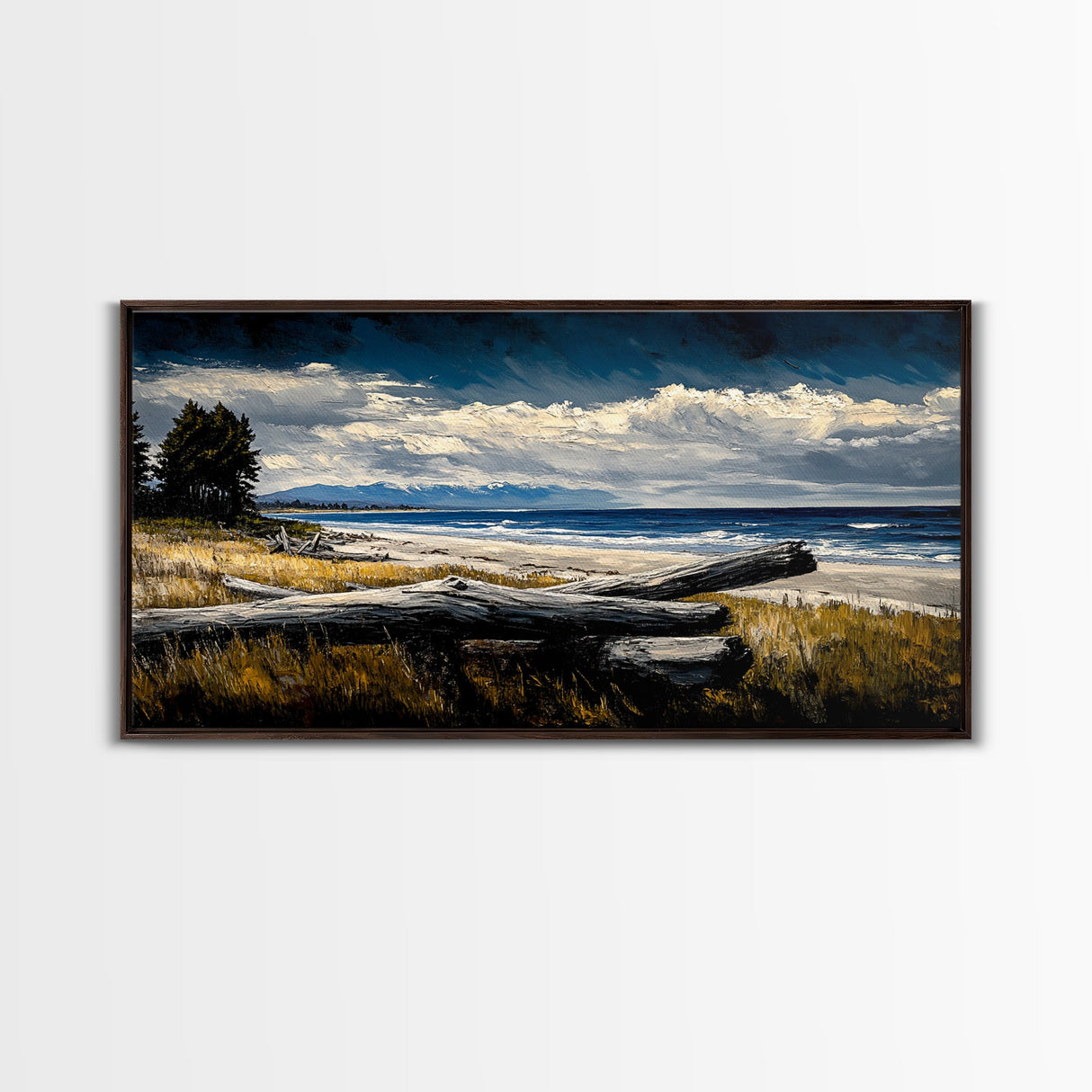 Seaside View, Dramatic Sky, Coastal Landscape, Nature Painting, Deep Blue Tones, Framed Canvas Print, Beach House Decor, Living Room Art