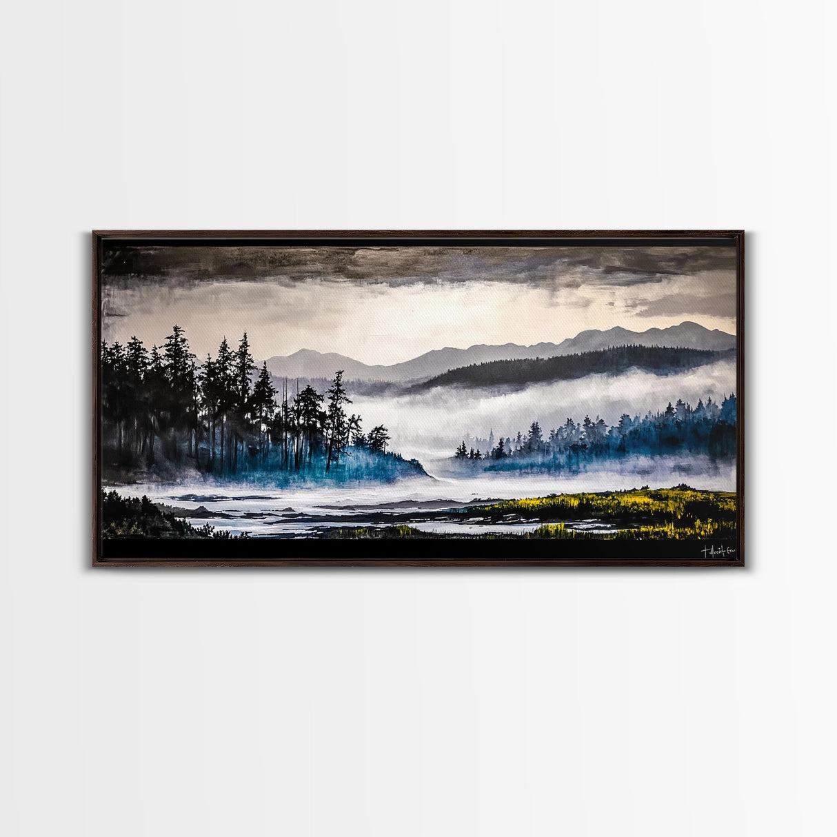 Misty Forest, Foggy Mountains, Tranquil Nature, Framed Canvas Print, Nordic Wall Art, Living Room Decor, Large Landscape, Moody Home Art