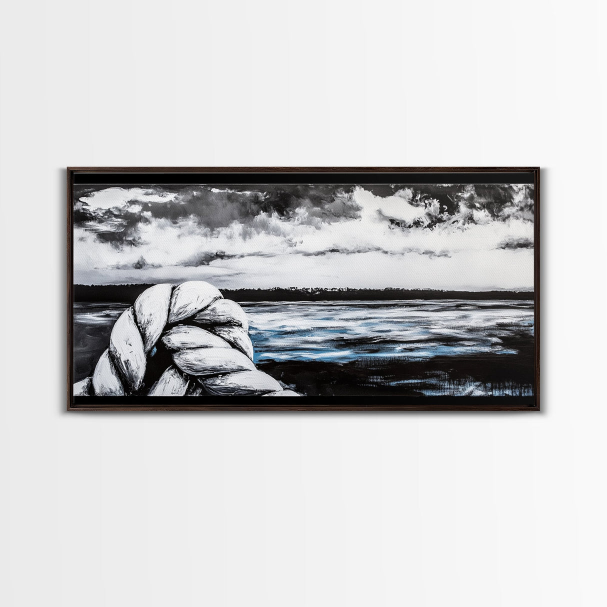Nautical Art, Coastal Rope, Black and White, Framed Canvas Print, Beach House Decor, Minimalist Wall Art, Modern Ocean Painting