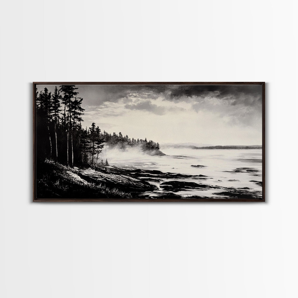 Foggy Coast, Misty Landscape Art, Black and White Wall Art, Canvas Print, Nature Wall Art, Cabin Decor, Moody Art