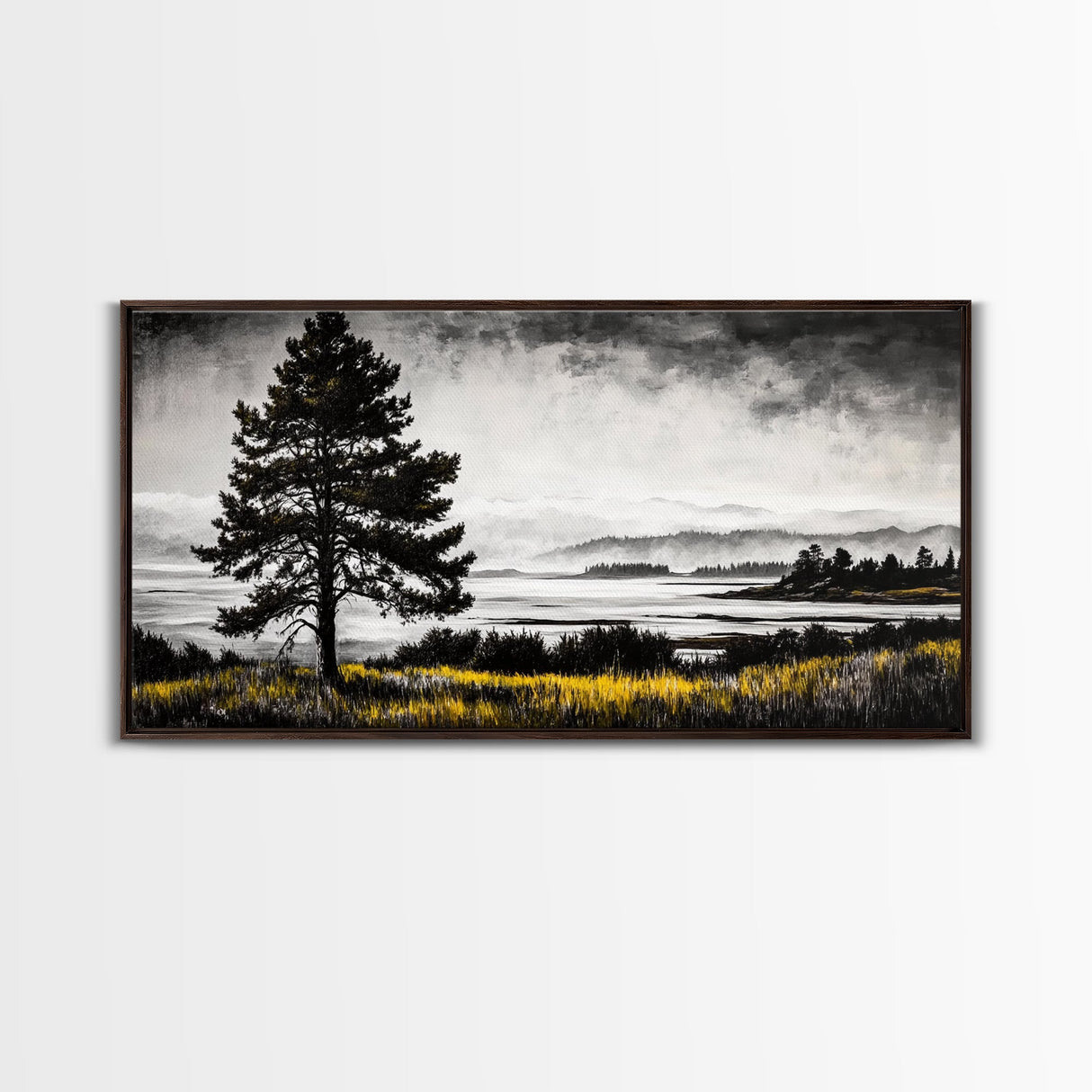 Foggy Pine Tree Art, Landscape Canvas Print, Black and White Painting, Autumn Wall Decor, Cabin Inspired Artwork, Framed Canvas Print