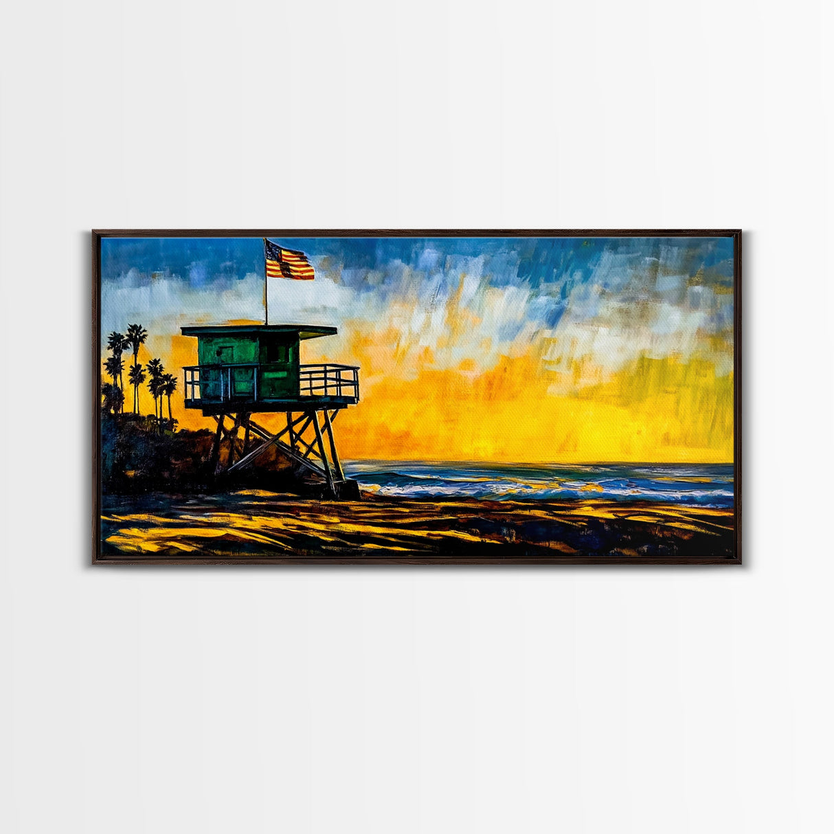 Lifeguard Tower, Sunset, Coast, Framed Canvas Print, California Beach Wall Art, Surf Decor, Vibrant Seaside Art, Coastal Home Decor