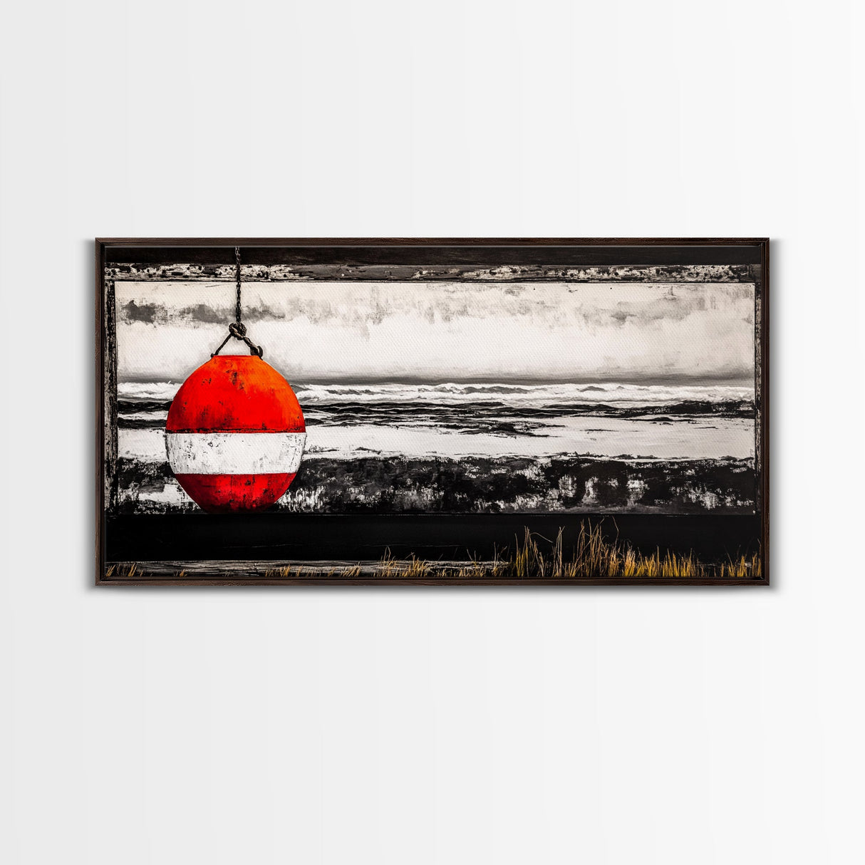 Red Buoy, Nautical, Coastal, Framed Canvas Print, Black and White Beach Scene, Ocean Wall Art, Maritime Decor, Fisherman’s House Artwork