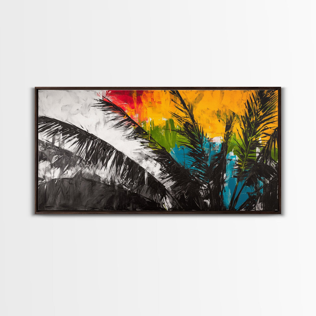 Tropical Palm Leaves, Sunset Art, Beach House Decor, Vibrant Coastal Painting, Island Vibes, Framed Canvas Print, Bedroom Wall Art