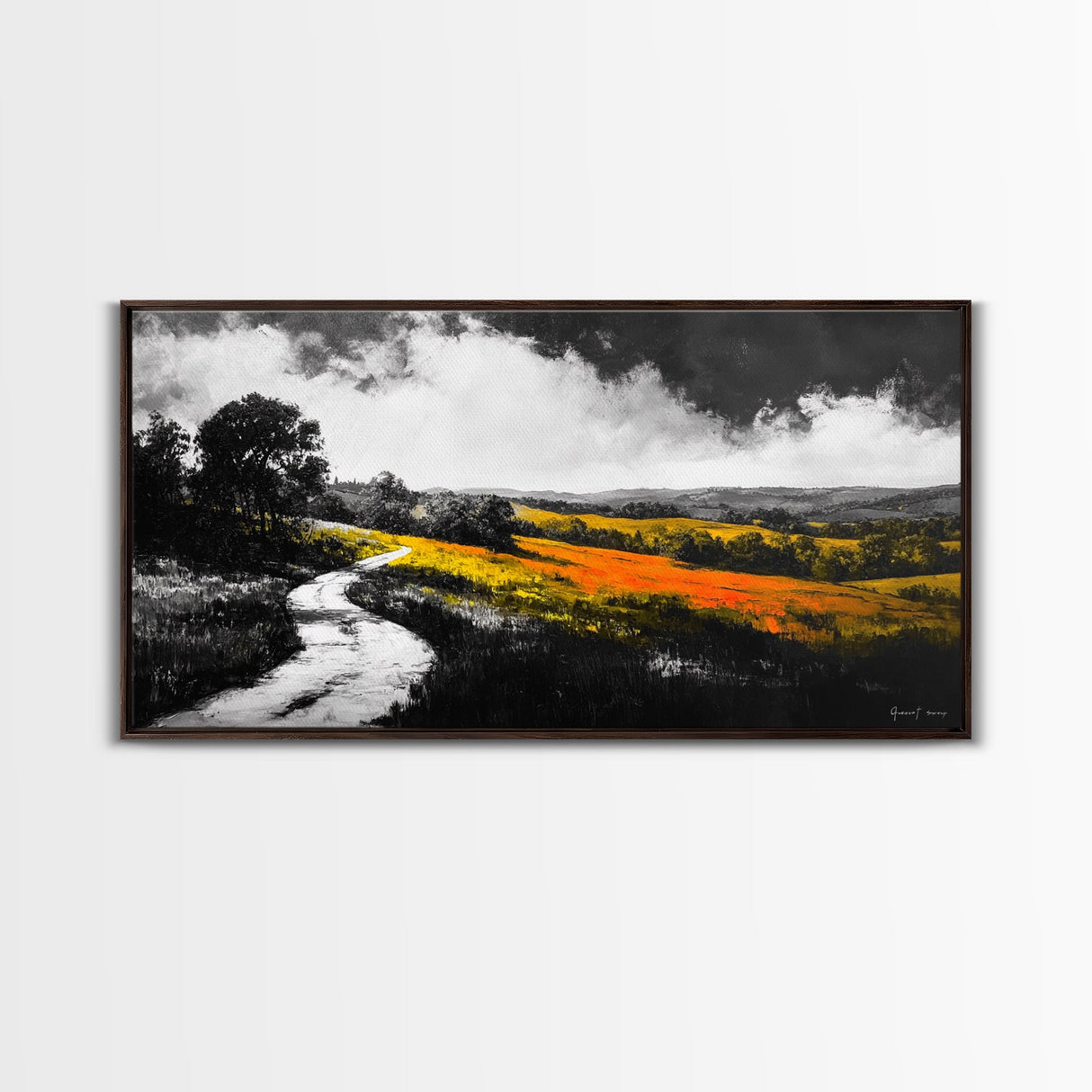 Rolling Hills, Country Path, Black and White Landscape, Canvas Print, Autumn Fields, Minimalist Wall Art, Living Room Decor, Bold Contrast