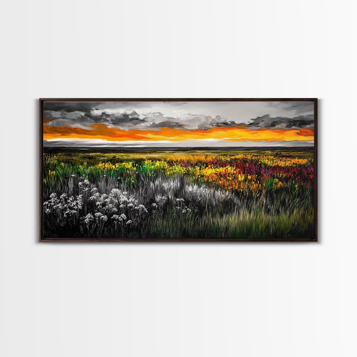 Vibrant Sunset, Colorful Sky, Wildflower Meadow, Framed Canvas Print, Fall Landscape, Nature Art, Living Room Decor, Rustic Warmth