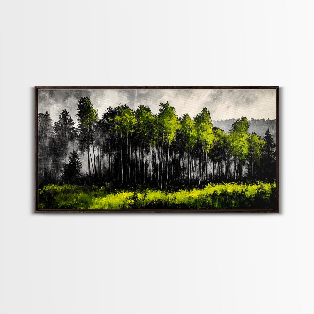 Misty Forest, Dark Green, Woodland Print, Nature Wall Art, Large Framed Artwork, Rustic Cabin Decor, Wilderness Painting, Moody Wall Art