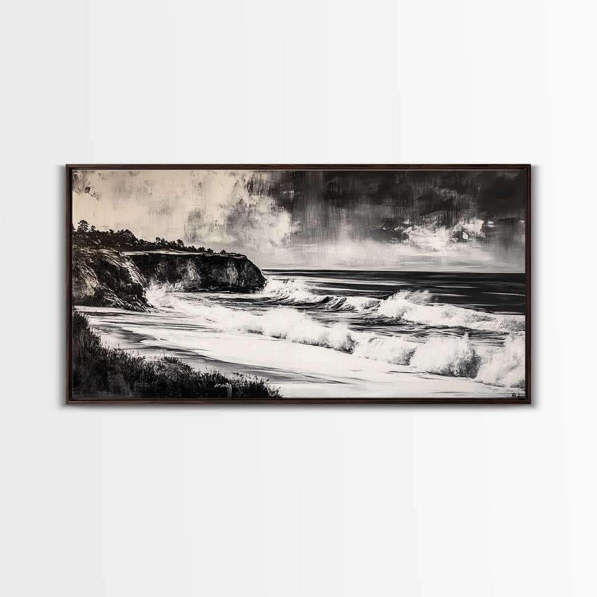 Ocean Waves, Coastal Landscape, Black and White, Framed Canvas Print, Nautical Wall Art, Minimalist Art, Living Room Wall Decor