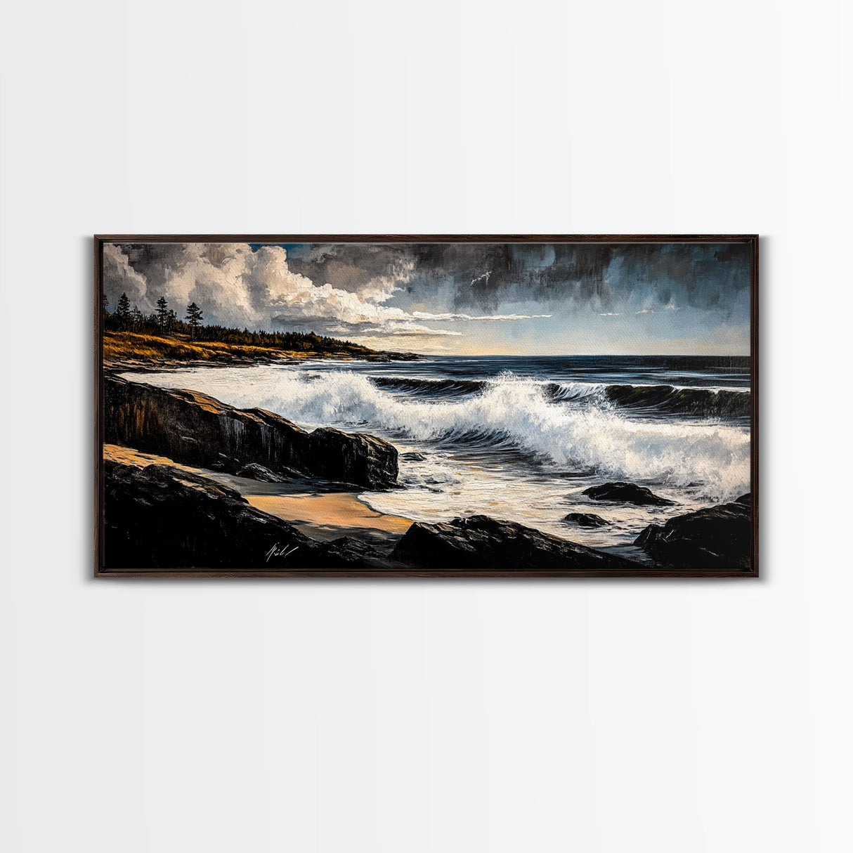 Stormy Waves, Dramatic Seascape, Moody Sky, Framed Canvas Print, Beach House Art, Living Room Wall Art, Modern Coastal Decor