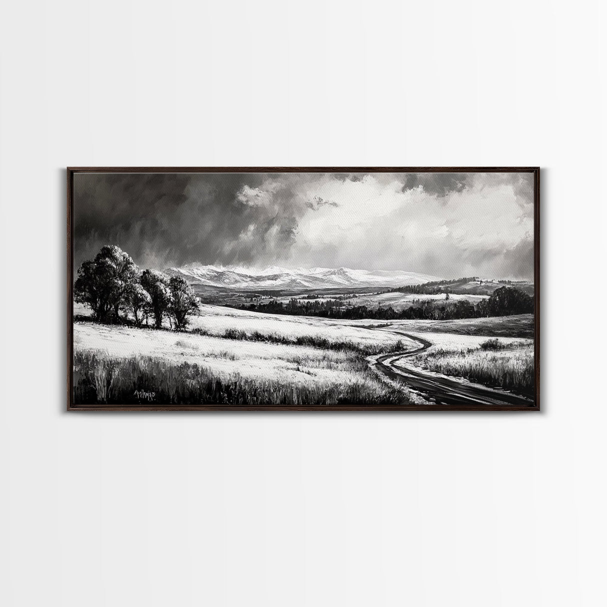 Winter Landscape, Black White, Scenic Country Road, Framed Canvas Print, Serene Nature Art, Rustic Wall Decor, Bedroom Artwork
