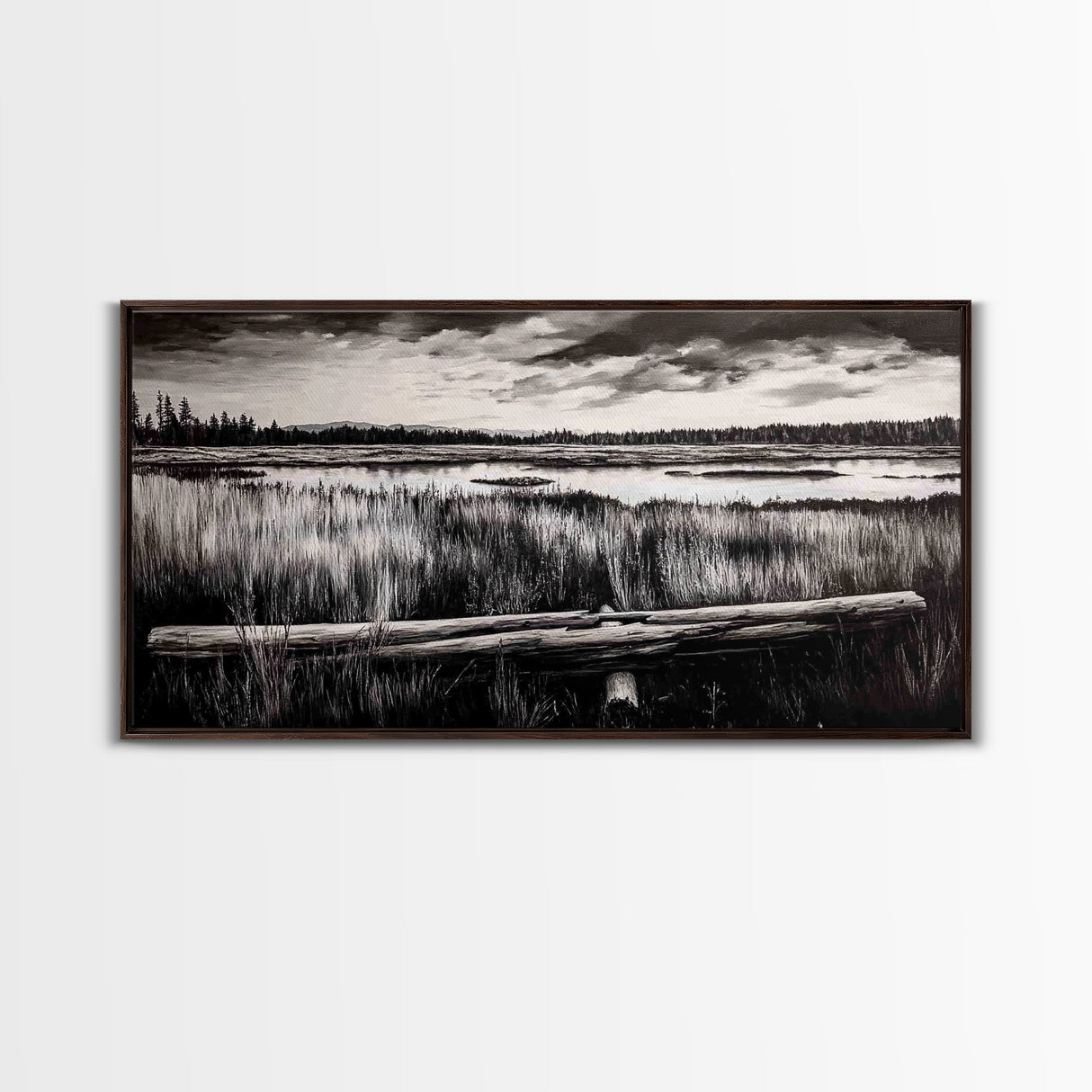 Marshland, Serene, Nature, Black and White, Framed Canvas Print, Landscape Painting, Rustic Wall Art, Cabin Decor, Neutral Tone Art