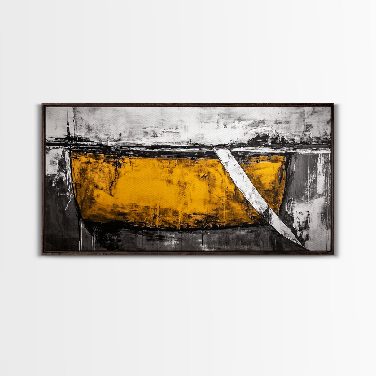 Minimalist Abstract, Yellow Black Art, Industrial Wall Decor, Urban Loft Accent, Framed Canvas Print, Modern Home Office Art