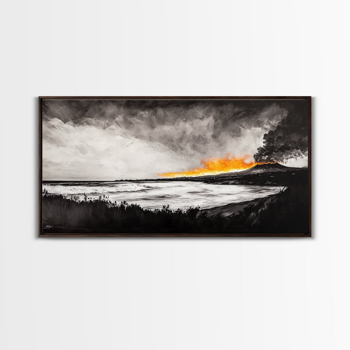 Volcano Eruption, Dramatic Landscape Art, Black and White Wall Art, Fiery Sunset Painting, Large Framed Canvas Print, Office Decor