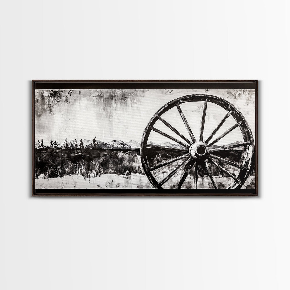 Wagon Wheel, Mountain Landscape, Black and White Western Art, Rustic Home Decor, Framed Canvas Print, Farmhouse Living Room Art