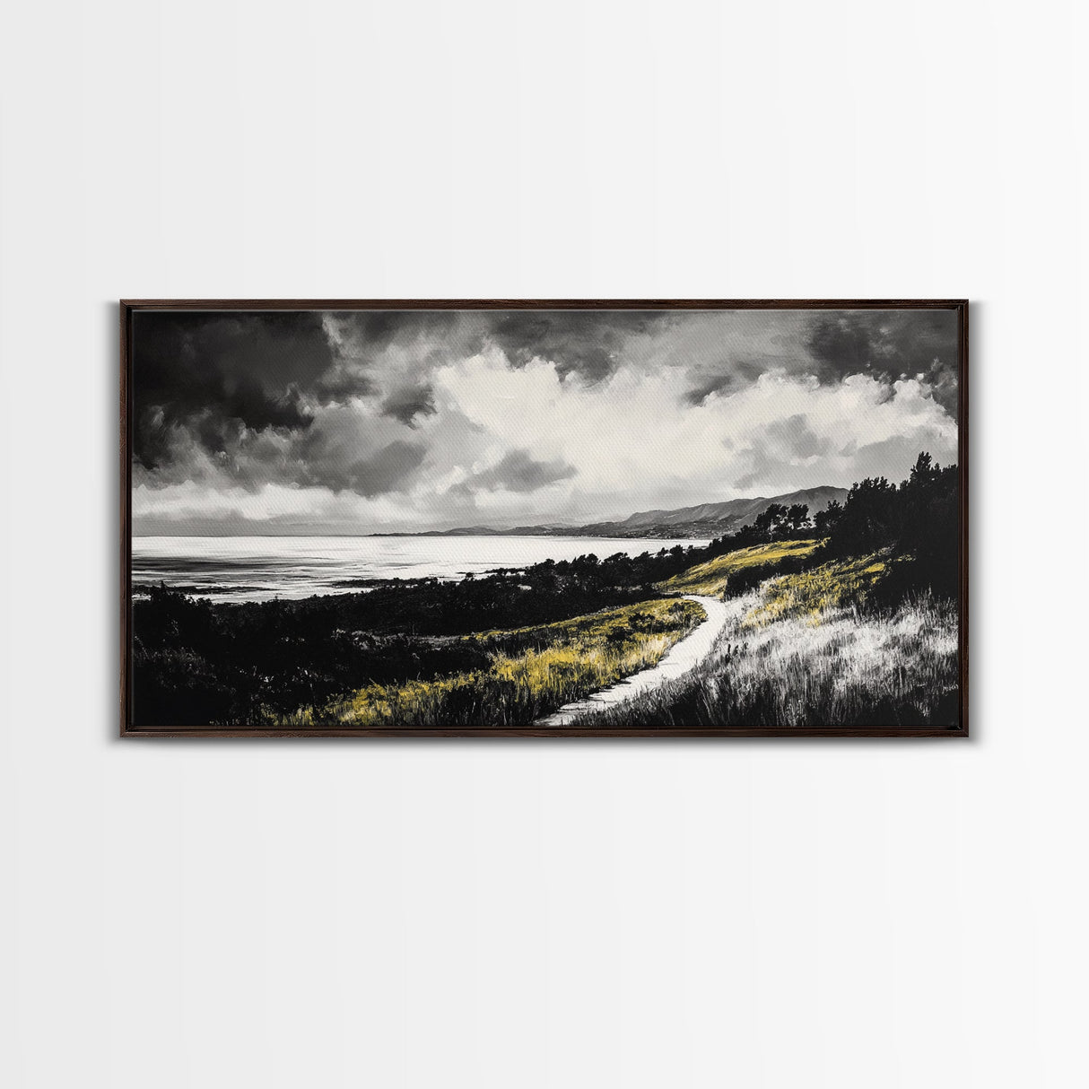 Golden Field, Pathway Landscape, Black and White Art, Moody Sky, Scenic Wall Decor, Office Wall Art, Canvas Print, Minimalist Nature