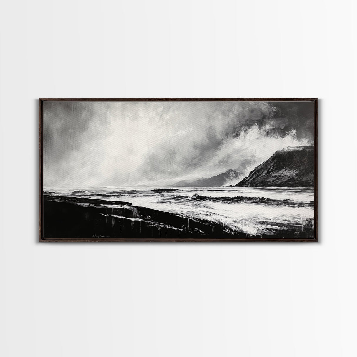 Monochrome Seascape, Dramatic Waves, Stormy Ocean, Modern Wall Art, Black and White Painting, Living Room Art, Framed Canvas Print, Gift Idea