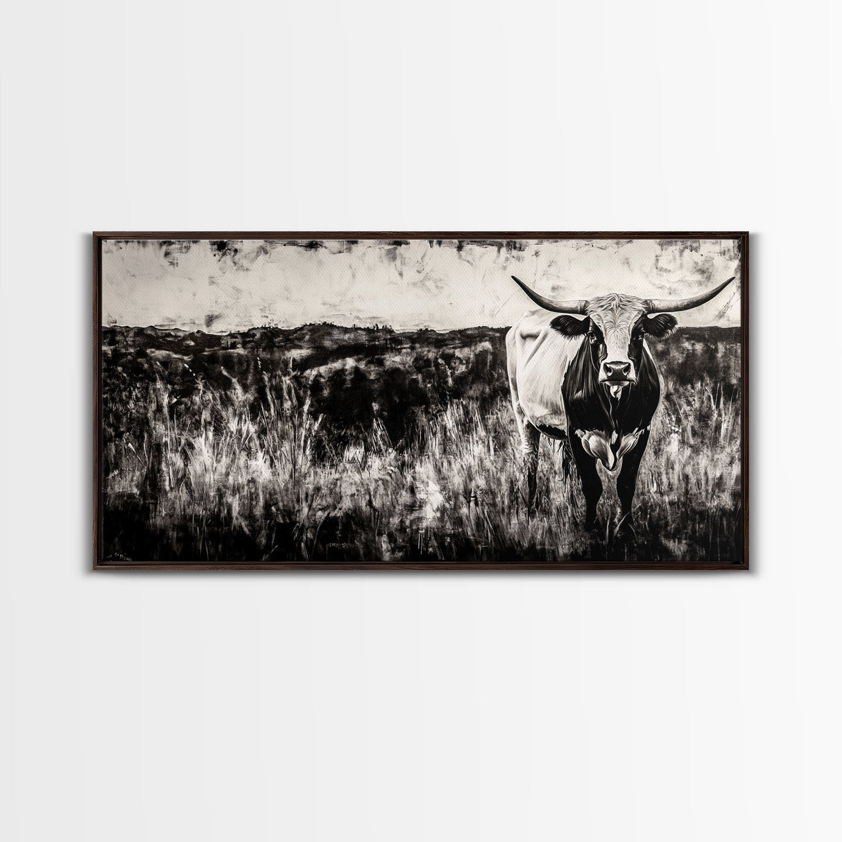 Texas Longhorn, Rustic Farmhouse, Black and White Western Art, Framed Canvas Print, Country Home Decor, Rustic Living Room Wall Art