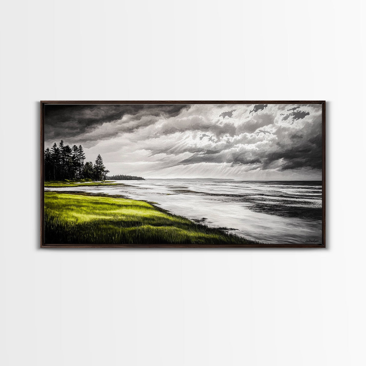 Stormy Beach, Coastal Horizon, Monochrome Landscape, Framed Canvas Print, Minimalist Art, Modern Living Room Decor, Dramatic Ocean Scene