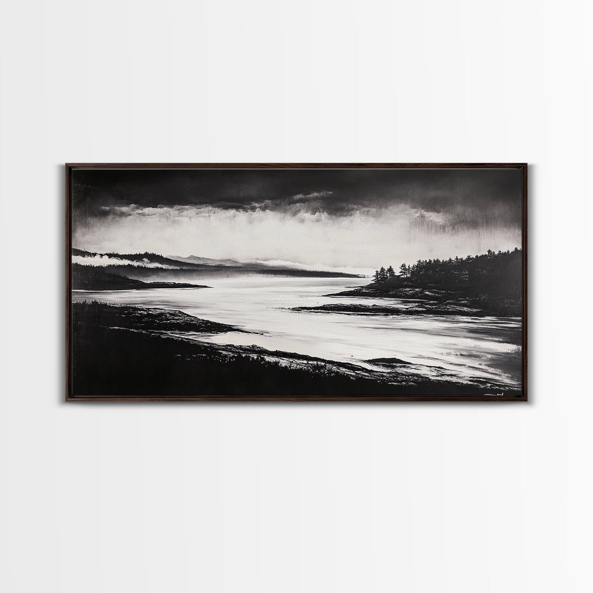 Serene Waters, Mountain Lake, Foggy Landscape, Canvas Print, Black and White Art, Minimalist Home Decor, Rustic Cabin Wall Art, Office Art