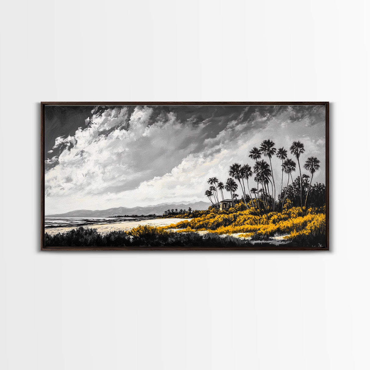 Tropical Beach, Palm Trees, Black and White, Coastal Art, Modern Minimalist, Framed Canvas Print, Beach House Decor, Nature Wall Art