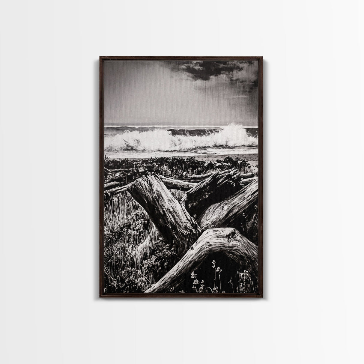 Ocean Waves, Stormy Sky, Framed Canvas Print, Coastal Wall Art, Black and White Seascape, Beach House Decor, Nautical Art, Modern Style