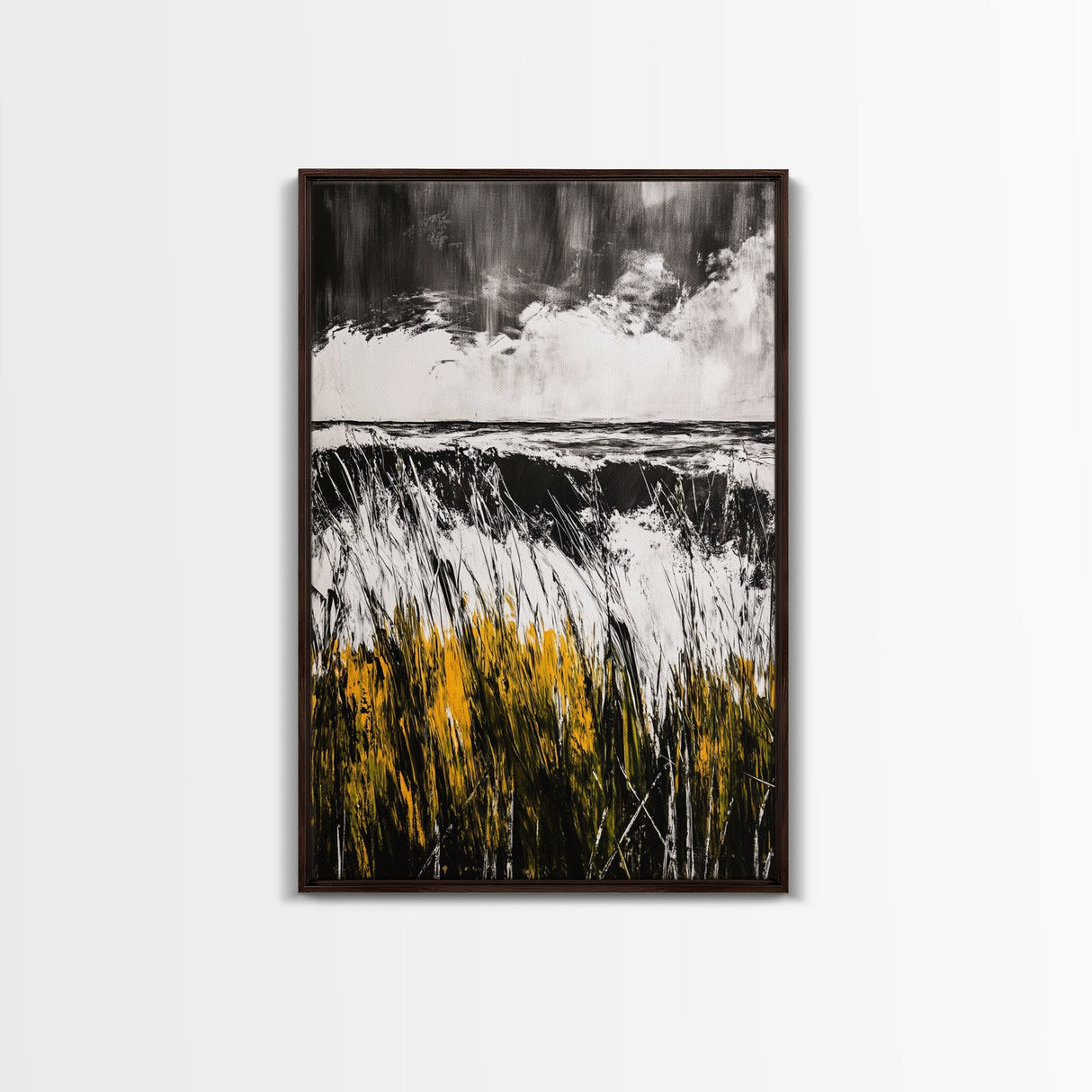 Ocean, Grass, Stormy Weather, Framed Canvas Print, Black and White Seascape, Modern Minimalist Art, Coastal Living, Neutral Wall Decor