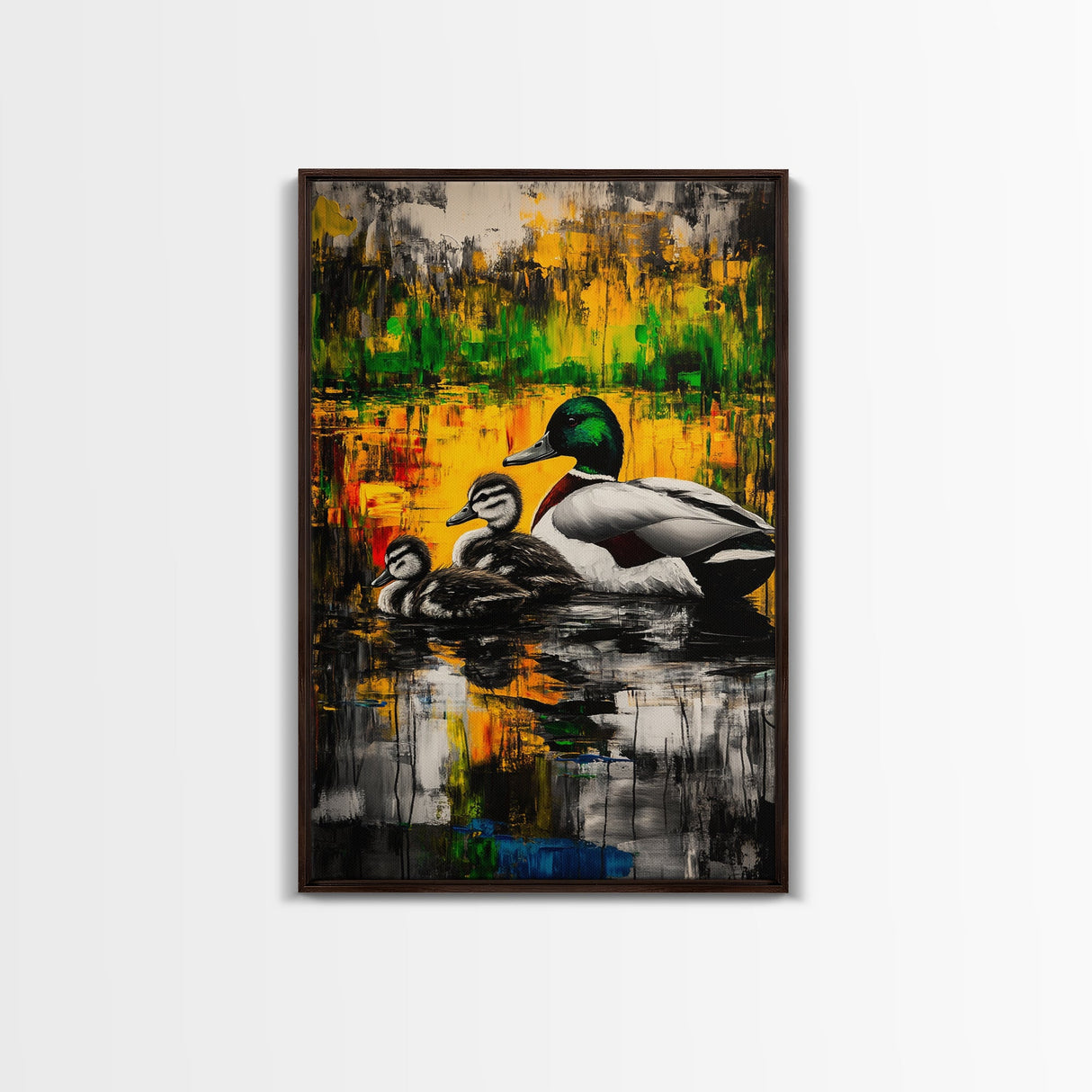 Ducks Pond Nature, Framed Canvas Print, Wildlife Art, Vibrant Watercolor Style, Rustic Wall Decor, Country Home Art, Gift Idea